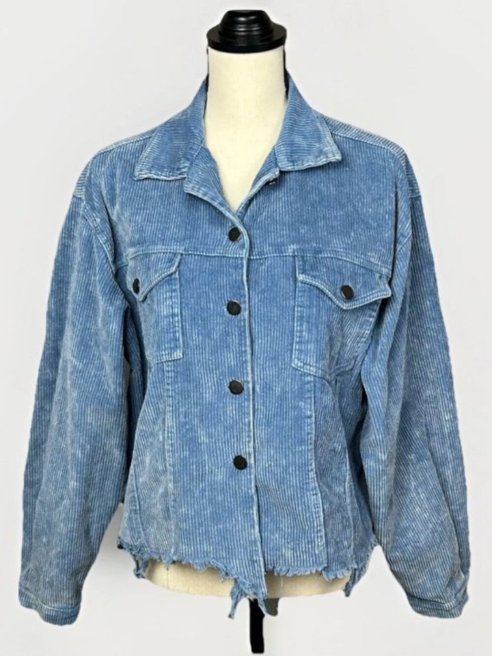 POL Corduroy Jacket Raw Hem Ripped Distressed Light Blue Casual Button Front M - Picture 2 of 13